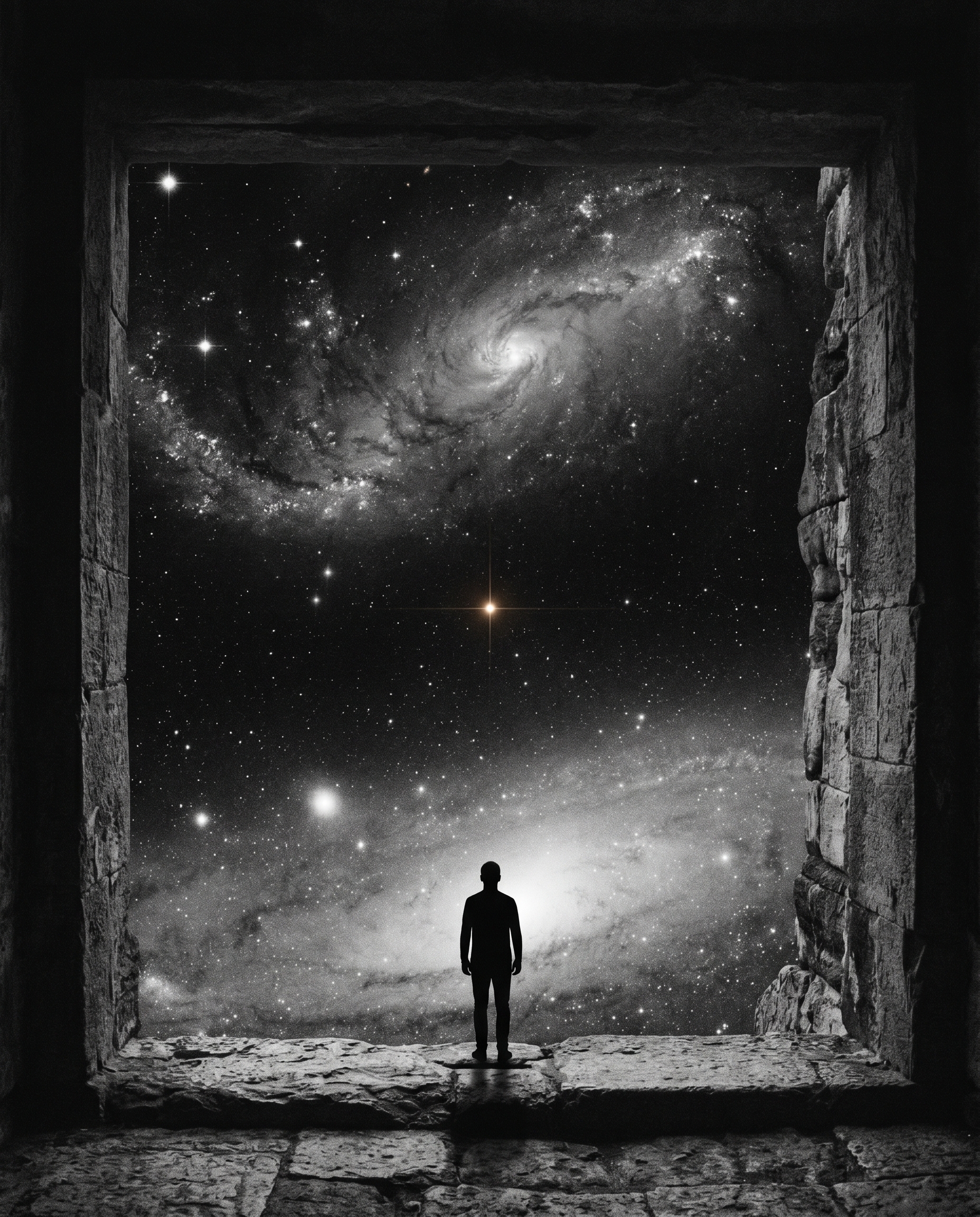 A solitary figure at the threshold of a vast cosmic field — the universe becoming aware of itself in a particular shape