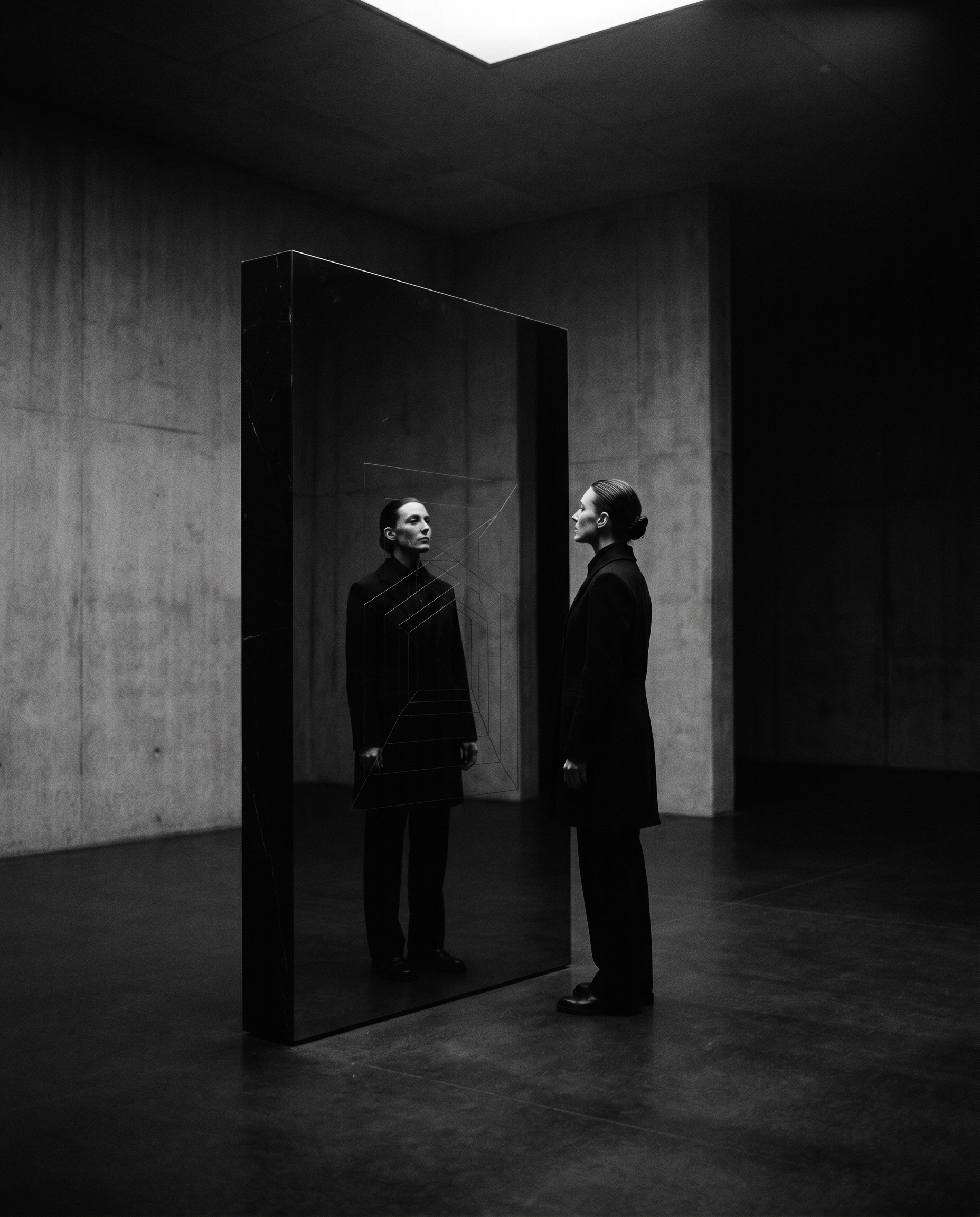 A solitary figure facing their own reflection — the moment of inner reckoning
