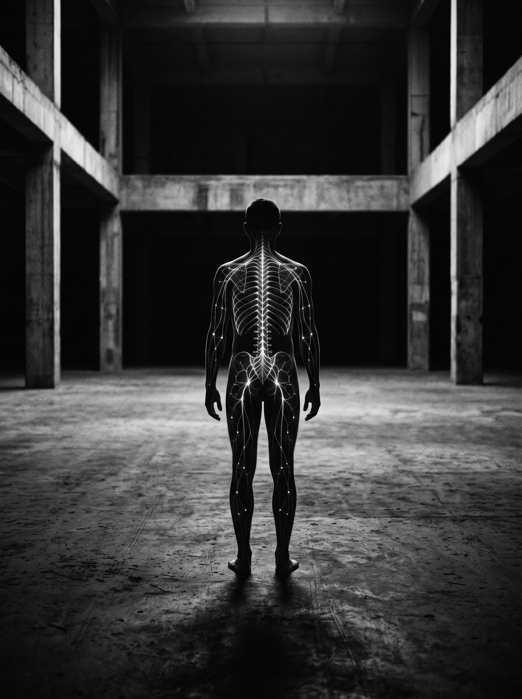 A figure standing in darkness, neural pathways and inner grid illuminated — the body as archive, antenna, and encoded architecture
